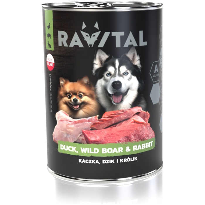 Ravital Duck, Wild Boar & Rabbit konserv koerale 800g - Image 1