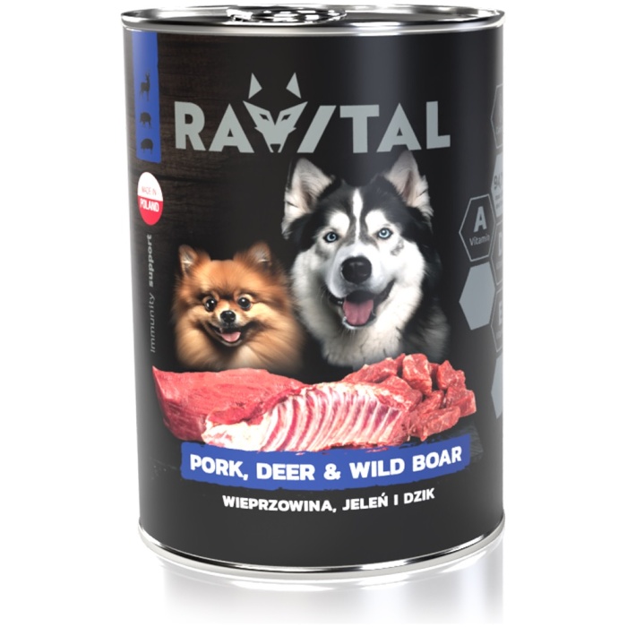 Ravital Pork, Deer & Wild Boar konserv koerale 800g - Image 1