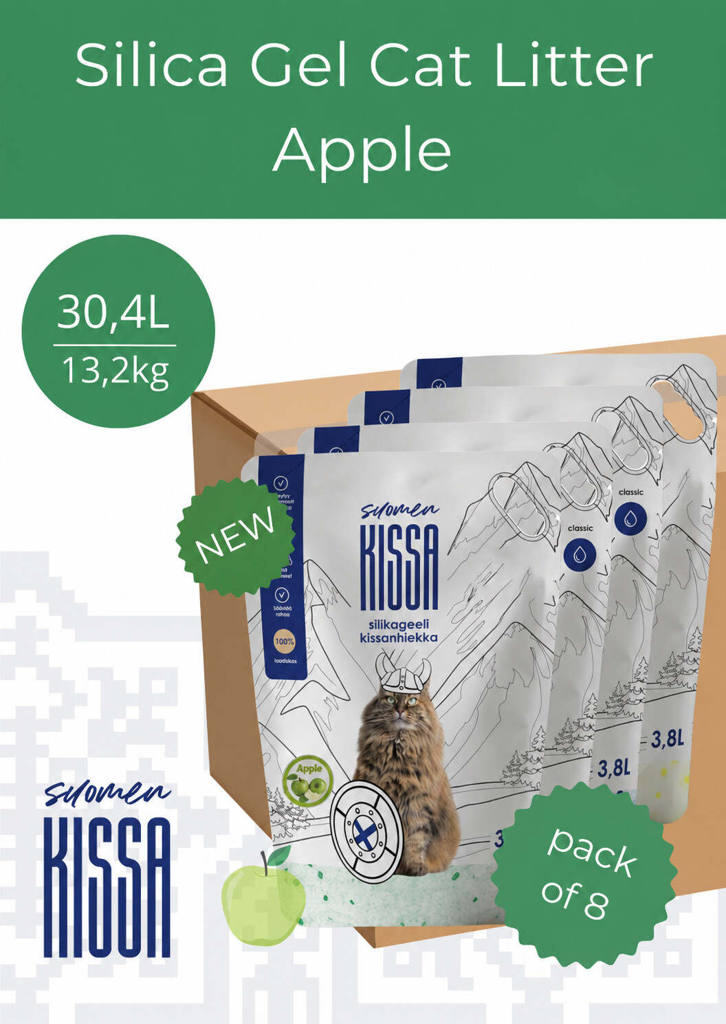 14745010489027.jpg Suomen Kissa õunalõhnaline silikageelist kassiliiv 30,4L - Pilt 1