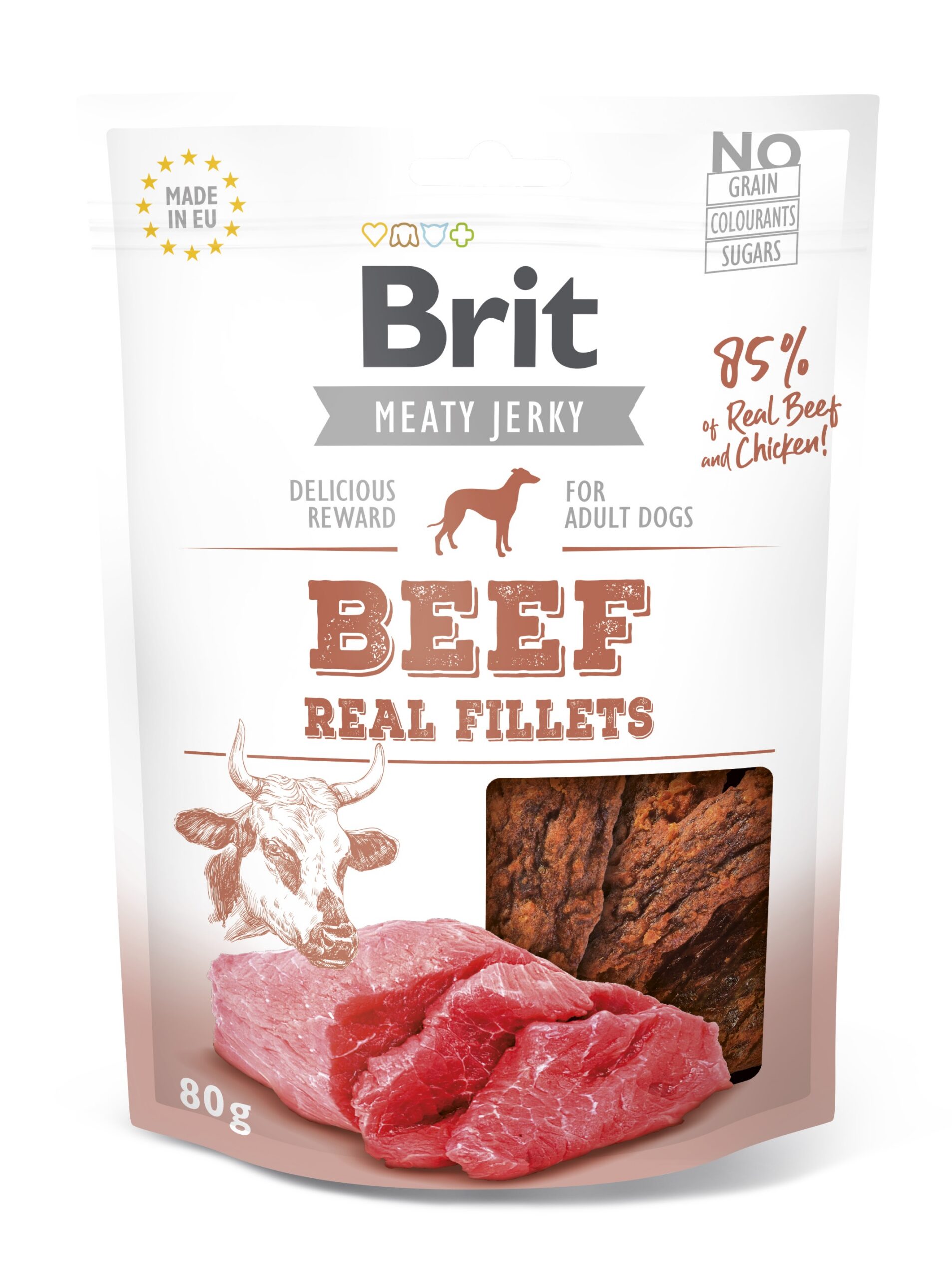 8595602543687.jpg Brit Jerky Beef Real Fillets Snack närimismaius koertele 80g - Pilt 1