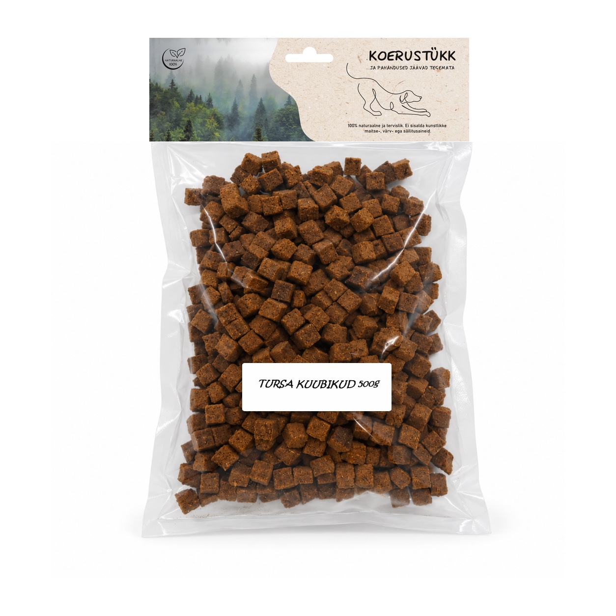 722777194514.jpg Koerustükk kuivatatud tursa kuubikud koerale 500g - Pilt 1